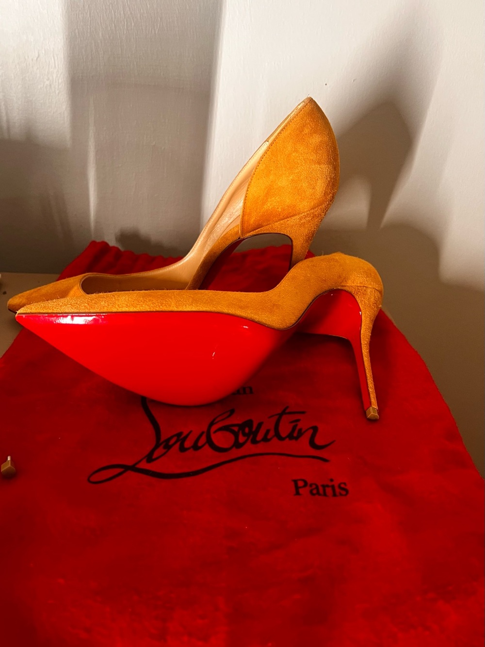 Christian Louboutin Mustard Suede Pointed Toe Red Sole Stiletto